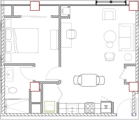 Floor plan for 1 bed, 1 bath, 590 sqft
